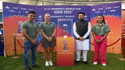 Anurag Thakur, Lindsay Tarpley, Indian national team captains Sunil Chhetri and Ashalata Devi at the inaugural cermony