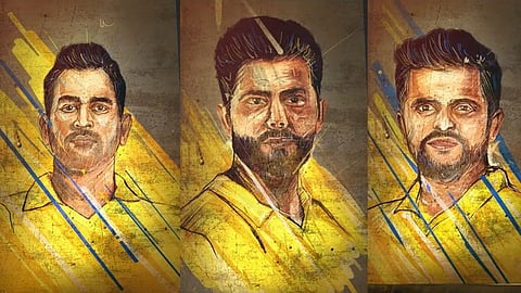 (L) MS Dhoni, Ravindra Jadeja; Suresh Raina