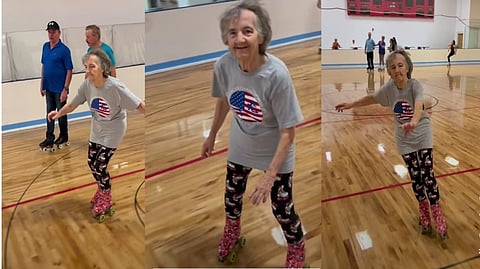 86 year old woman showing off her cool skating skills