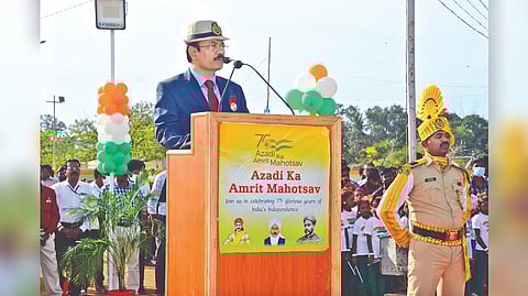 VOC Port Chairman TK Ramachandran addressing the I-Day event at the port in Thoothukudi on Monday.