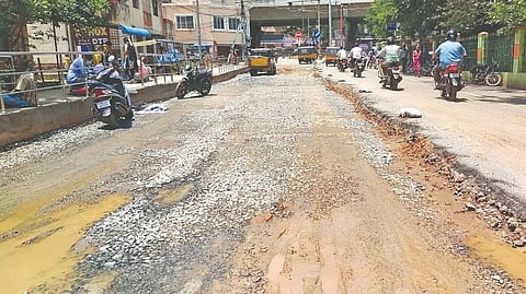 The dug up side of the road leading to the Collectorate in Vellore