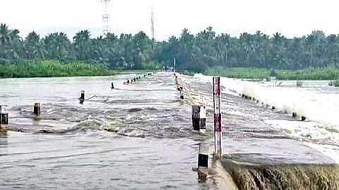 Water gushing well above the ground-level causeway across Palar River at Pachakuppam near Ambur on Tuesday
