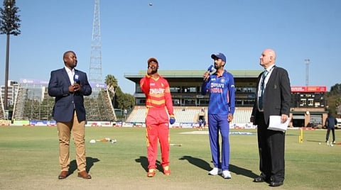 India captain KL Rahul and Zimbabwe captain Regis Chakabva during toss ahead of third ODI in Harare