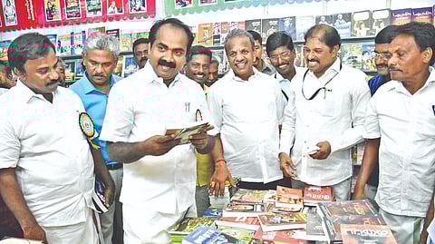 Minister Siva V Meyyanathan interacting with people at the book fair organised in Pudukkottai on Wednesday