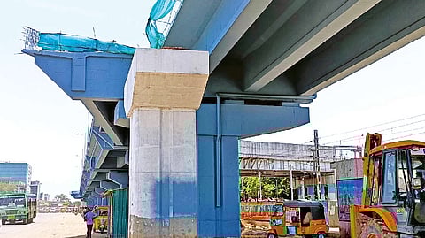 The flyover works have come to a complete halt for the past few weeks due to land acquisition issues.