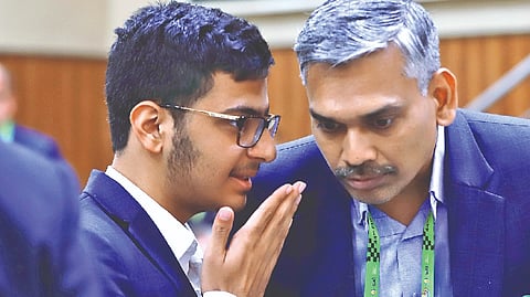 RB Ramesh (right) with Raunak Sadhwani at the Olympiad