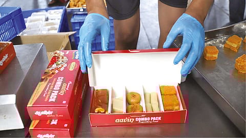 The sweets being packed at Aavin plant