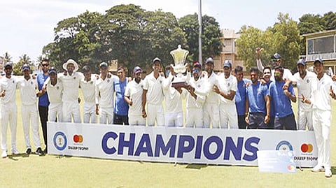 Members of the victorious West Zone team pose with the Duleep Trophy