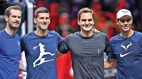 Andy Murray, Novak Djokovic, Roger Federer and Rafael Nadal at a training session ahead of the Laver Cup