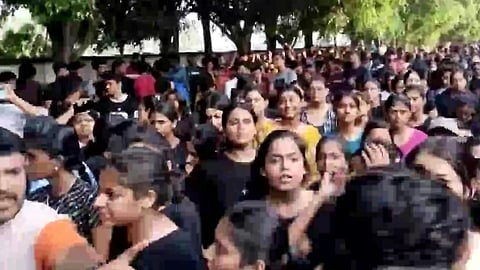Students protest outside Chandigarh University in Mohali over the alleged 'leaked objectional videos' row