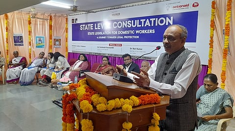 Justice S Baskaran addressing a meeting organized by the National Domestic Workers? Movement