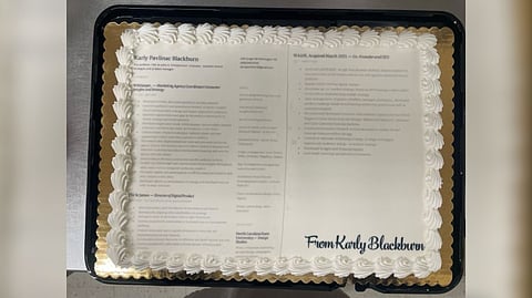 Picture of the cake printed with her resume