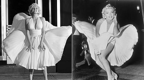 This combination of photos shows Ana de Armas as Marilyn Monroe in a scene from "Blonde," left, and Marilyn Monroe posing on a subway grate while filming "The Seven Year Itch" in New York on Sept. 9, 1954.