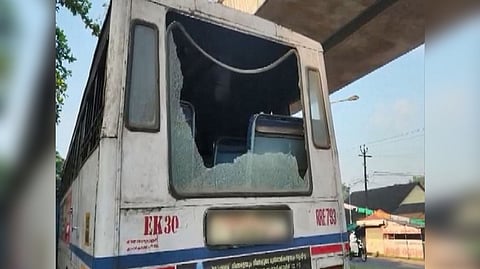 Visual of damaged bus during strike by PFI in Kerala