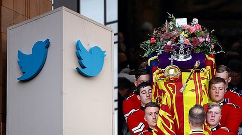 The coffin of Queen Elizabeth II is carried out of Westminster Abbey after a service on the day of her state funeral and burial.