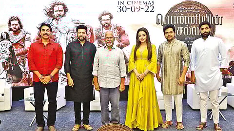 (L-R) Rahman, Jayam Ravi, Mani Ratnam, Trisha Krishnan, Karthi, and Vikram Prabhu