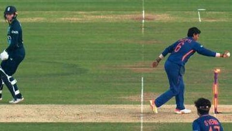 Deepti Sharma's run out of Charlie Dean in the third ODI