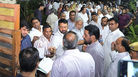 Congress MLAs leave for the residence of Rajasthan Assembly Speaker CP Joshi for a meeting, in Jaipur