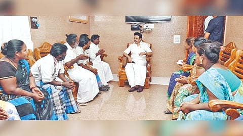 Chief Minister MK Stalin interacting with members from Narikuravar community in Virudhunagar.