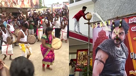 In Madurai, fans offered milk and put garlands around the actor Vikram's poster. And even performed the pooja and were seen bursting crackers.