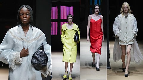 Models wear a creation as part of the Prada women's Spring Summer 2023 collection presented in Milan, Italy