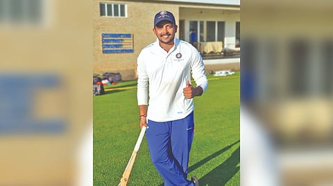 West Zone opener Prithvi Shaw poses for a picture at the end of the second day?s play.