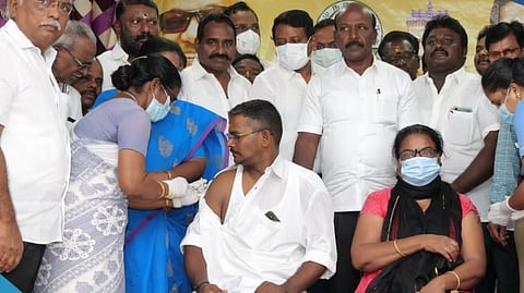 Tamil Nadu health minister, Ma Subramanian  visited Covid vaccination camp