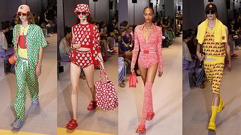 Models wearing a creation as part of the Benetton women's Spring Summer 2023 collection presented in Milan, Italy, Sunday,