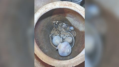 The intact burial urn unearthed at Kondagai village in Sivaganga.