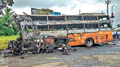 The charred remains of the ill-fated bus.