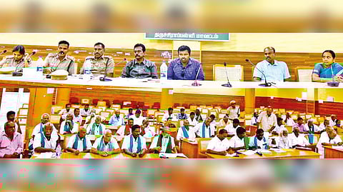 Farmers participating in the forest grievances redressal meeting held in Tiruchy on Thursday.