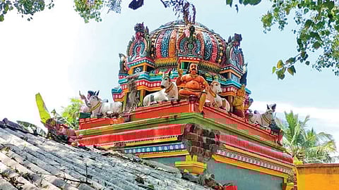The damaged temple dome in Karur on Tuesday