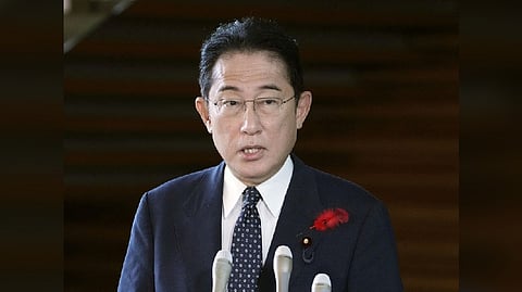Japan's Prime Minister Fumio Kishida speaks to the media after North Korea fired a ballistic missile over Japan, at his official residence in Tokyo