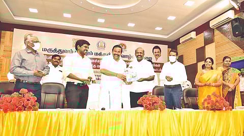 Health Minister Ma Subramanian and Local Administration Minister KN Nehru at a state level meeting with block level medical officers in Tiruchy on Wednesday.