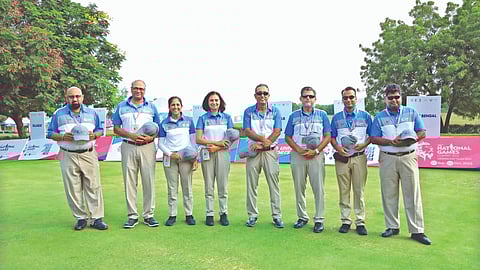 (from left) Paramjit Singh (admin support), M Chandru Kini, Kaveri Muthanna, Suguna Saravanan, Prantor Baruah (referees), Ishwar Achanta (tournament director), Gaurav Bajaj (chairman, TRASC IGU) and Krishnan Ganapathy (referee)