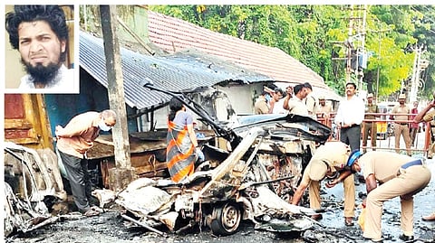 Police gather evidence from remains of the car; (inset) Jemisha Mubee