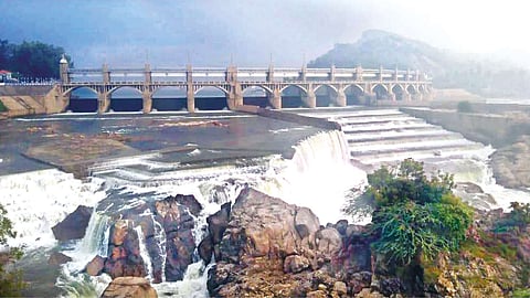Water gushing out of the 16 eye sluices of brimming Mettur dam on Wednesday