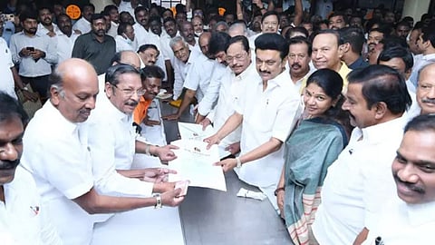 MK Stalin on Friday filed his nomination papers for the post of DMK president at Anna Arivalayam