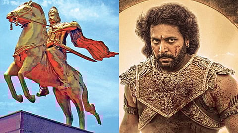 Statue of Raja Raja Cholan; Jayam Ravi as Raja Raja Cholan in Mani Ratnam's Ponniyin Selvan