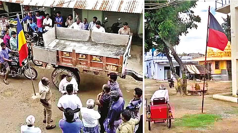 PMK flag on middle of road and DMK flag on temple land at Girisamudram village