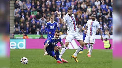 Leicester City's James Maddison goes to ground and is booked for a dive during the Premier League match between Leicester City and Crystal Palace