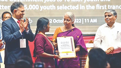Union Finance Minister Nirmala Sitharaman distributing appintment letters during PM Rozgar Mela in Chennai