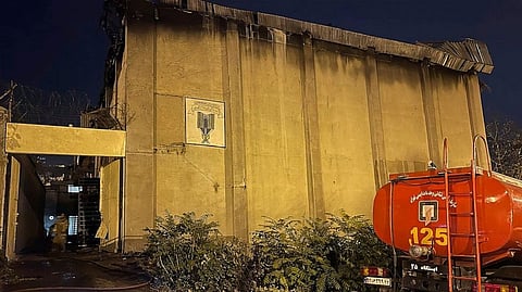 Charred building is seen after a fire on the property of the Evin prison, in Tehran, Iran