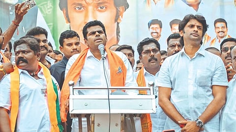 BJP state president K Annamalai addressing party cadre protesting DMK?s anti-Hindi stand in Cuddalore on Thursday.