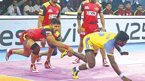 Action from the Tamil Thalaivas-Bengaluru Bulls match on Wednesday