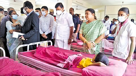 Ministers P Geetha Jeevan and MP Saminathan at Tirupur Government Hospital on Friday.