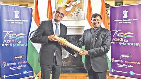 Nadella receives the Padma Bhushan from India?s Consul General in San Francisco, TV Nagendra Prasad