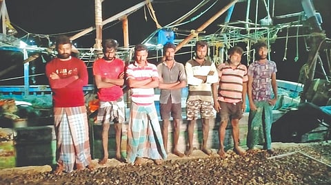 The seven Thangachimadam fishermen arrested by Sri Lankan Navy on Wednesday night.
