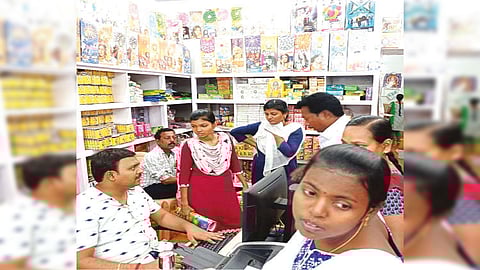 A cracker shop teeming with customers in Sivakasi on Sunday