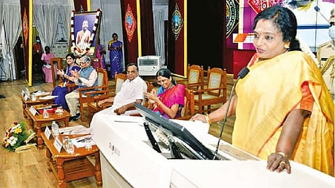 Puducherry Lt Governor Tamilisai Soundararajan addressing students in Coimbatore on Thursday.